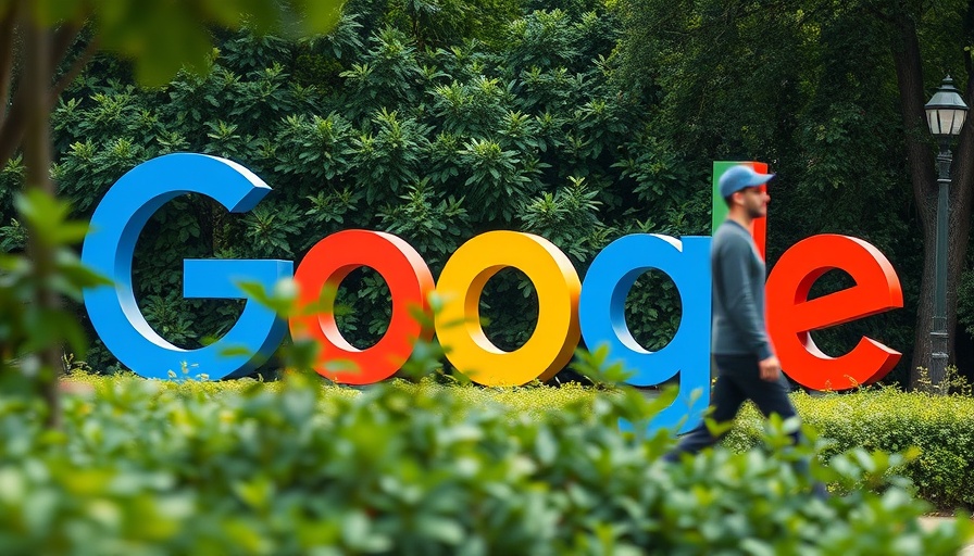 Google logo sculpture with blurred motion, lush foliage backdrop.