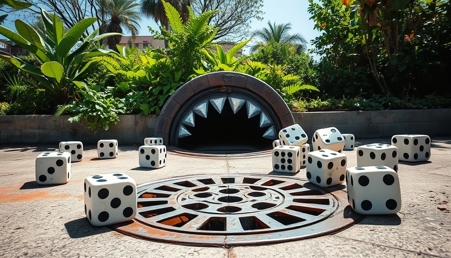 Artistic storm drain landmark with painted dice and greenery.