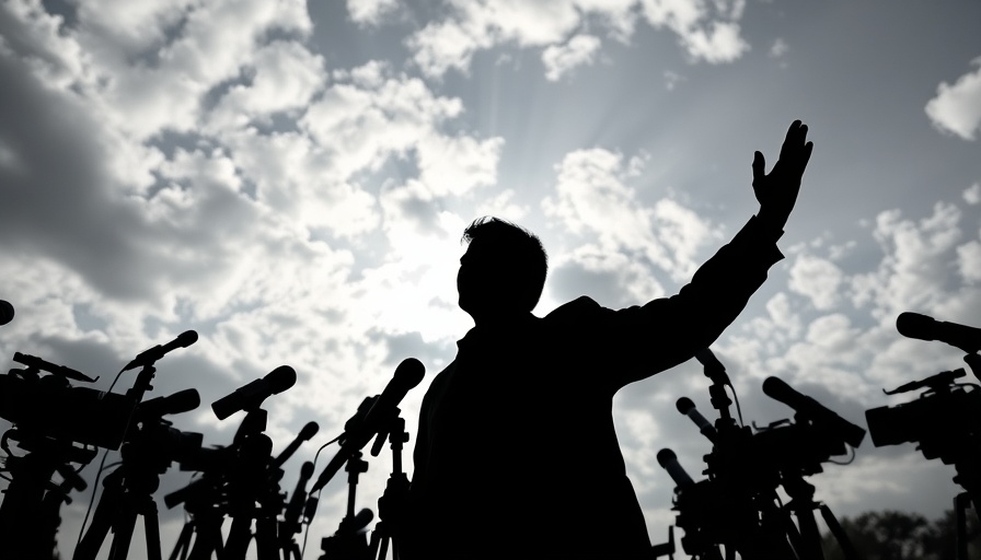 Silhouetted figure amid media with dynamic gesture, trust in mass media.