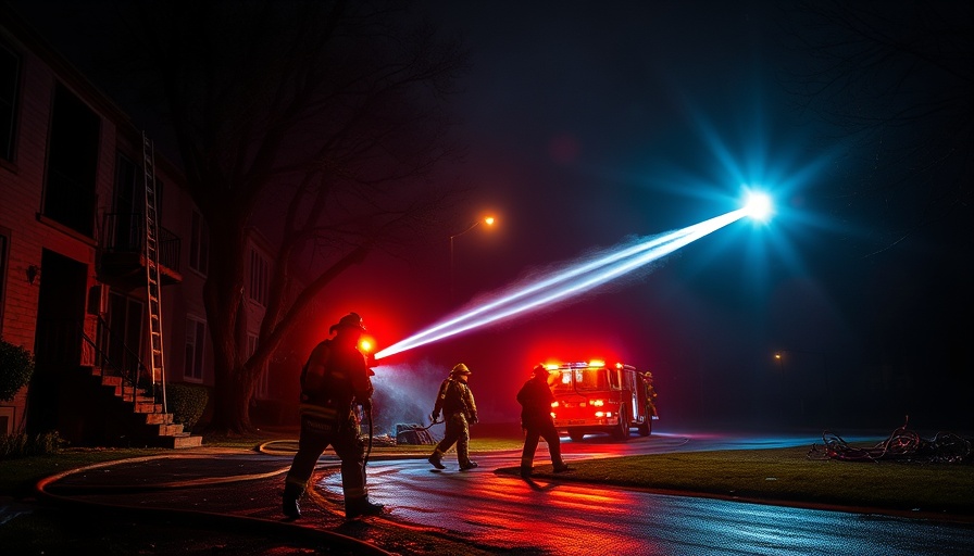 Firefighters at night in Kansas City neighborhoods with glowing lights.