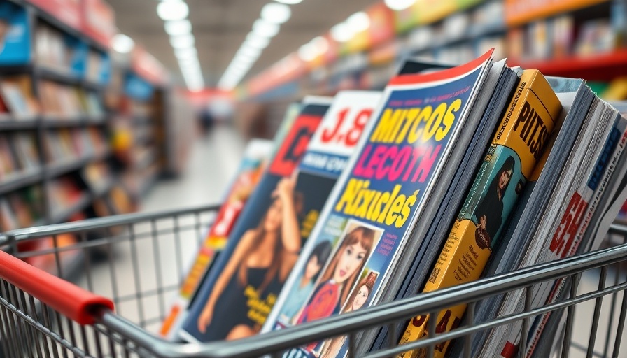 Colorful magazines inside a shopping cart in a retail setting.