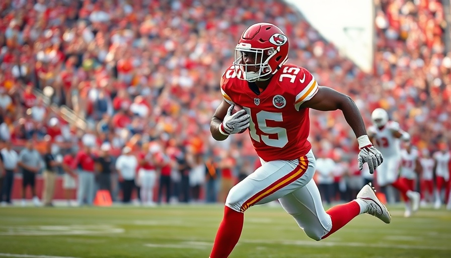 Kansas City Chiefs player evading defense, highlighting team stats and record.