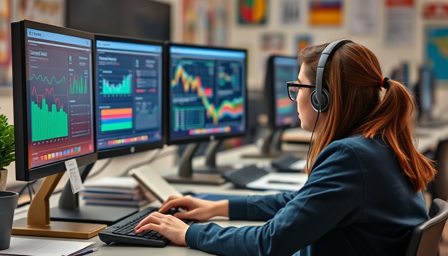Individual using dual monitors, school lab, AI tools for suicide prevention.