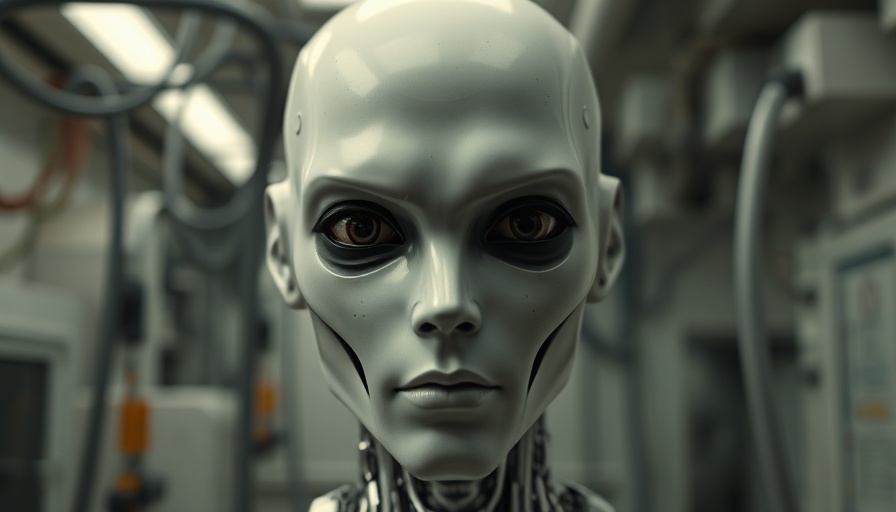 Creepy robot with eerily realistic head in a lab setting