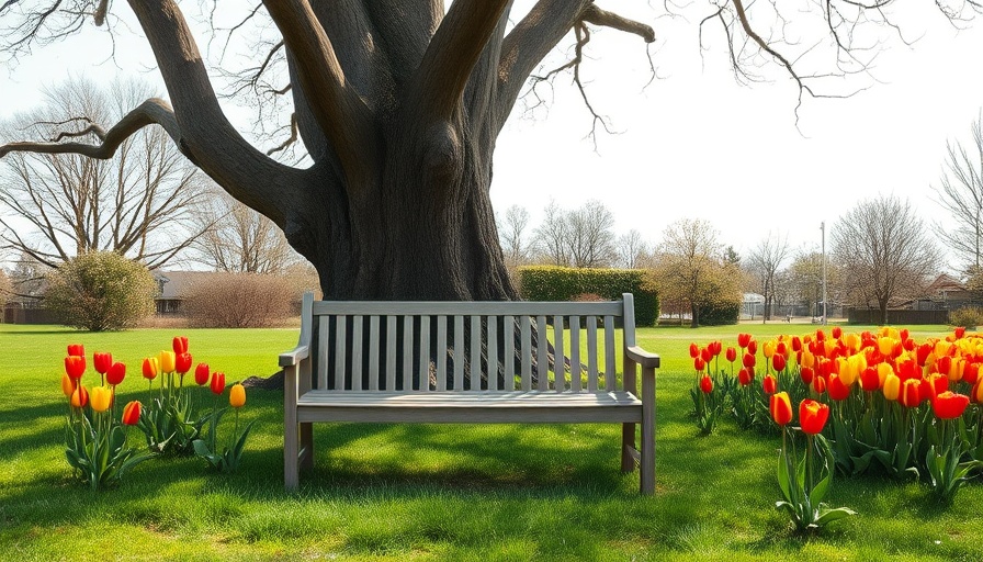 Kansas City gardens to visit this fall with a serene wooden bench under a tree.