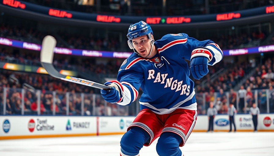 New York Rangers player making a powerful shot during a game.