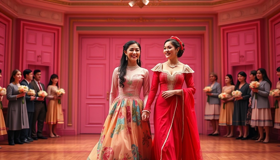 Elegant scene with theatrical performers on a vibrant stage.