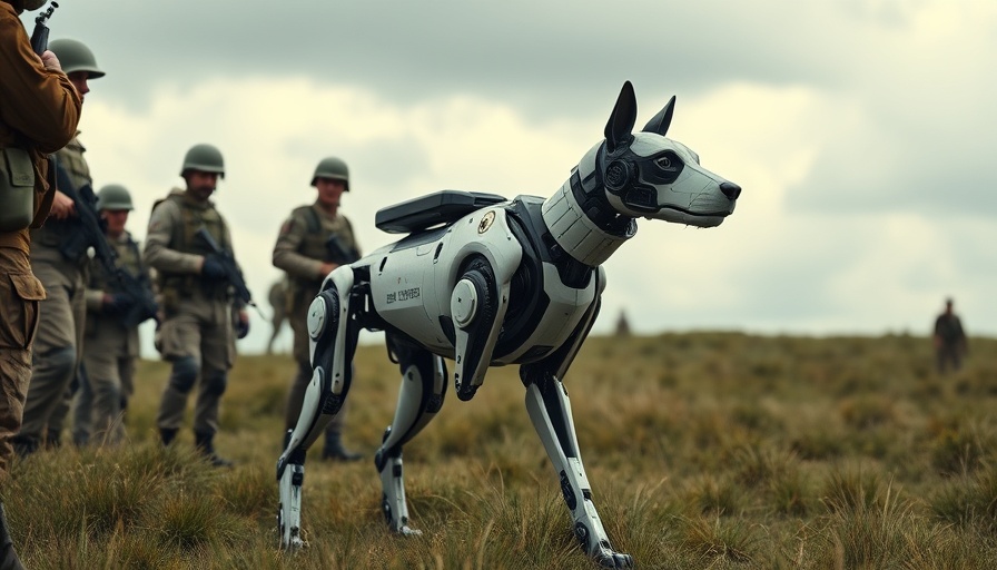 Advanced robotic dog in military field with soldiers observing.