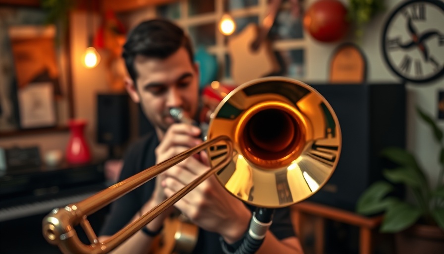 Flew The Coop Sessions: Musician passionately playing trombone in studio.