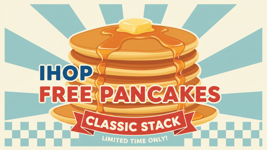Retro graphic promoting National Pancake Day at IHOP with free pancakes.