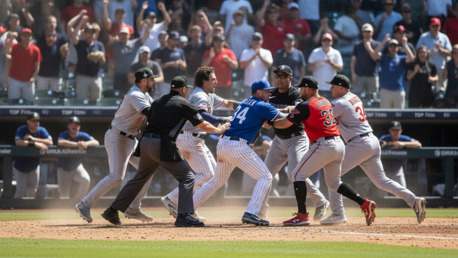 Intense baseball players display sportsmanship in baseball during a heated altercation.