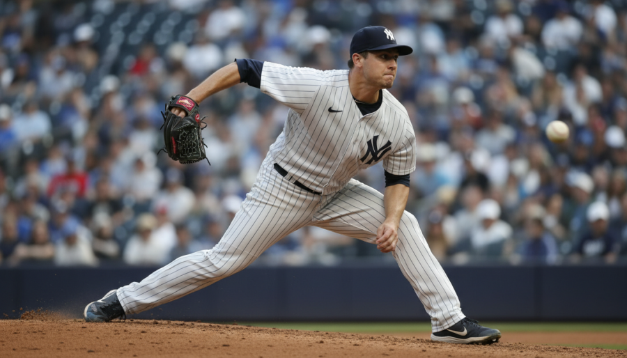 Photorealistic pitcher in motion, highlighting Tigers pitching rotation in dynamic action.