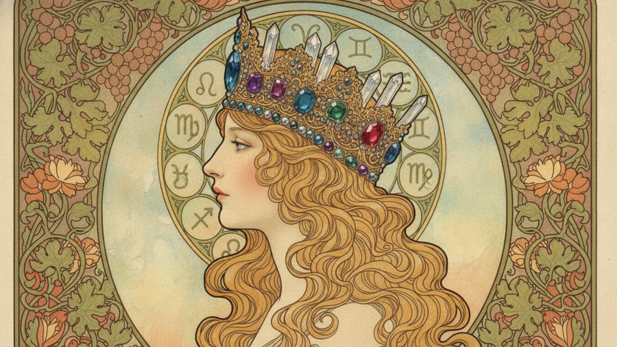 Art Nouveau woman in profile, echoing Alphonse Mucha's influence in rock album art.