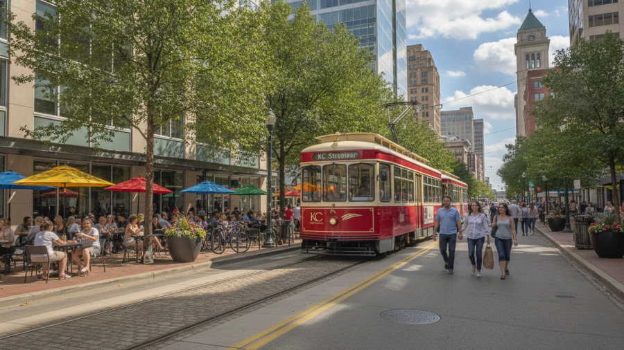 Lively Kansas City events with families enjoying cafes and vibrant streetcar scenes.