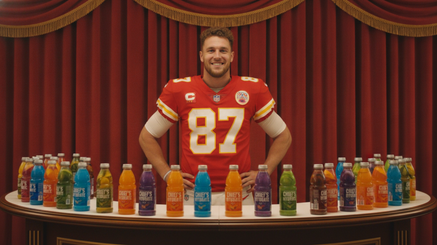 Smiling Kansas City Chiefs player in red jersey with colorful drinks, vibrant indoor scene.