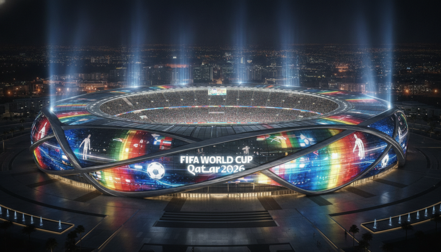 Vibrant Kansas City stadium with FIFA World Cup displays, showcasing local business and community sports engagement.