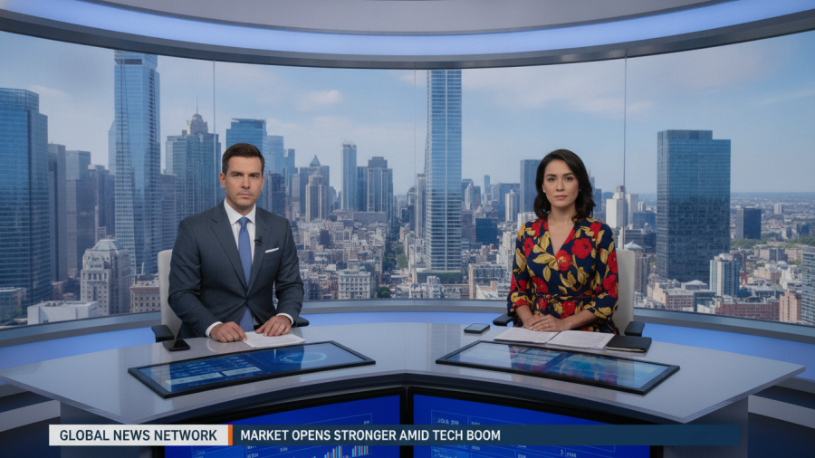 News anchors in studio with Kansas City neighborhoods backdrop.