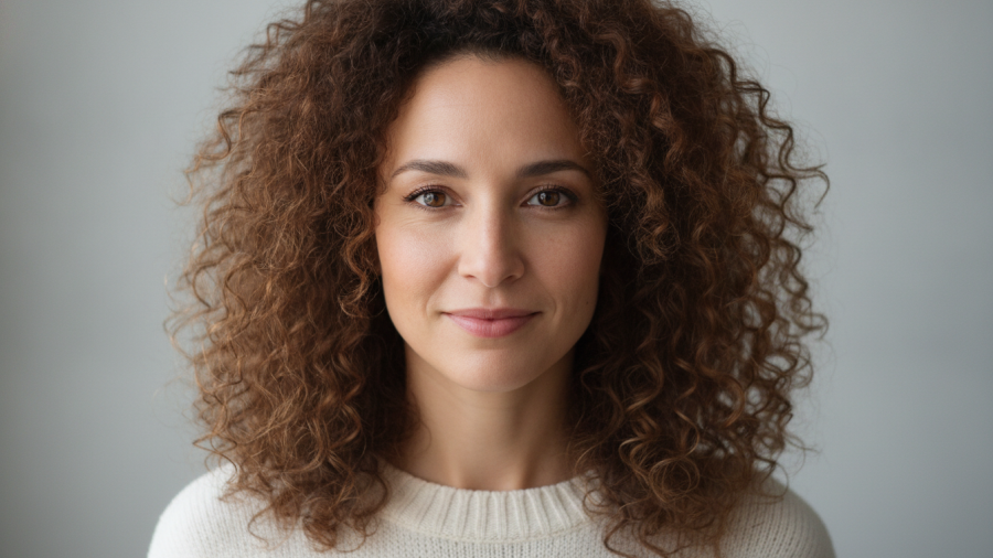 Confident woman representing leadership in local economy, light gray background.