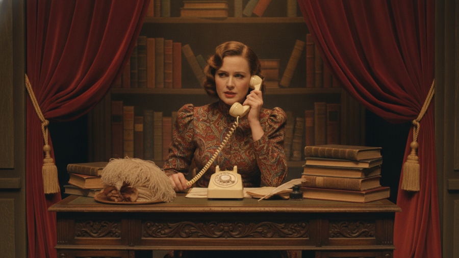 Vintage scene of a woman in KC speaking on a retro phone, showcasing local success stories.
