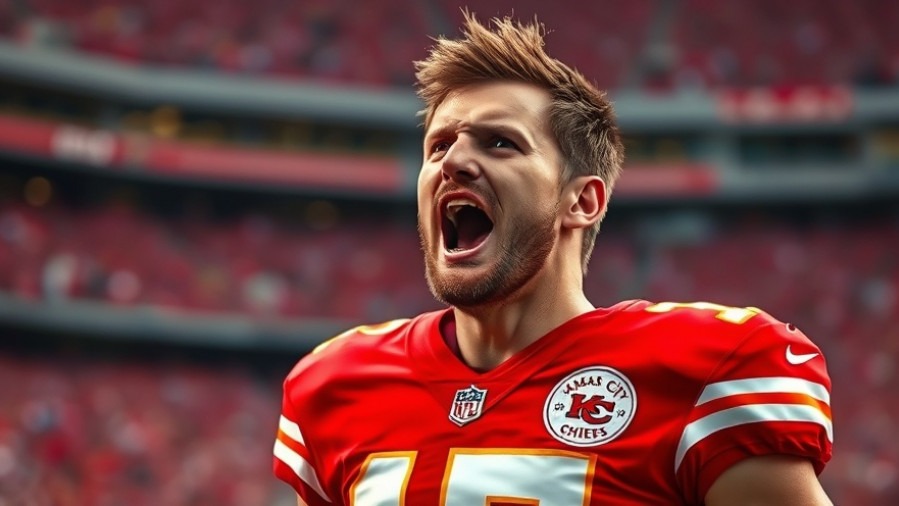 Intense Kansas City Chiefs quarterback in red uniform, shouting during an exciting game.