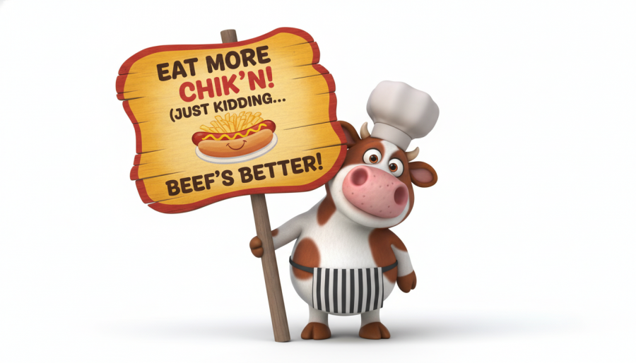 Charming cartoon cow promoting Chick-fil-A deals in whimsical cow-themed attire.
