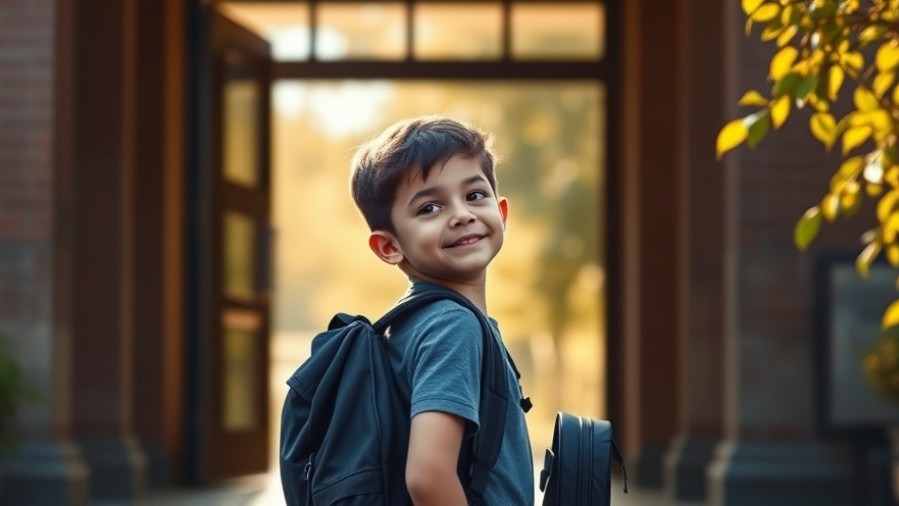 Confident student at school entrance embodying hope for Jawahar Navodaya Vidyalaya results.