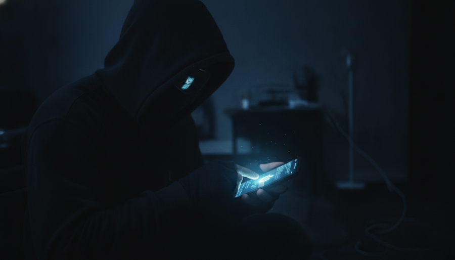 Mysterious figure in a hoodie examines smartphone, highlighting iPhone security vulnerabilities.