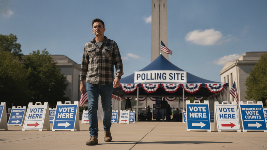 Individual with a purposeful expression at voting site, engaging with Missouri ballot initiatives.