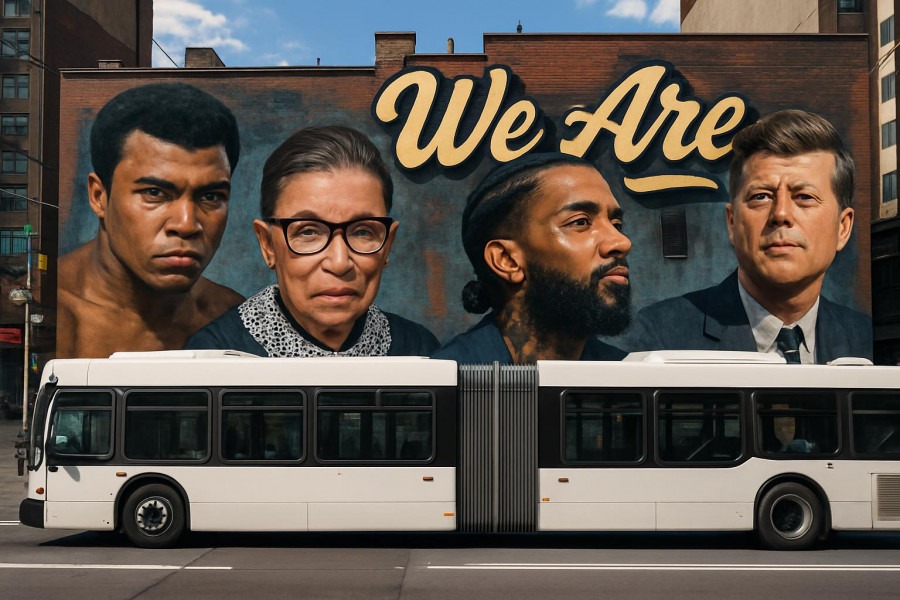 Urban wall art featuring public figures with a bus, capturing vibrant city life.