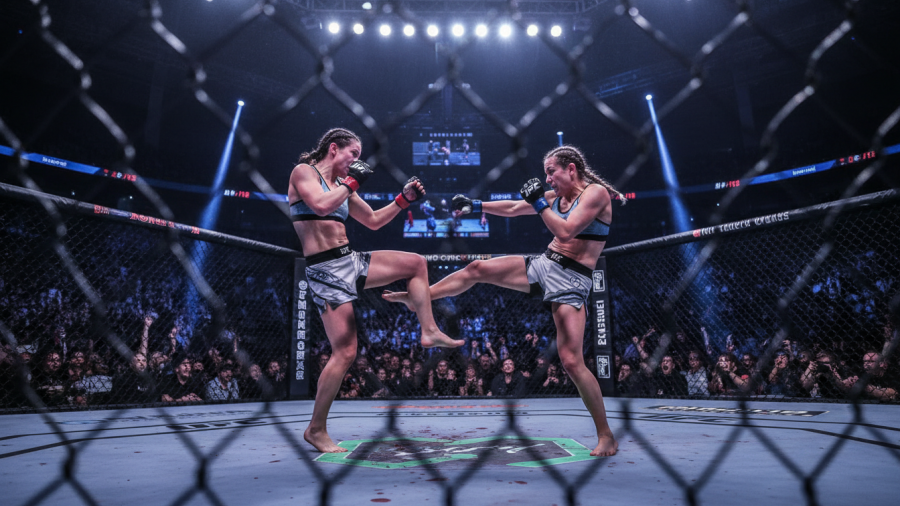 Dynamic women's MMA fight scene with Ronda Rousey and Gina Carano in action.