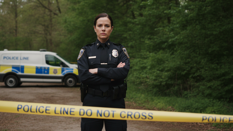 Confident police officer guarding crime scene for community safety initiatives.