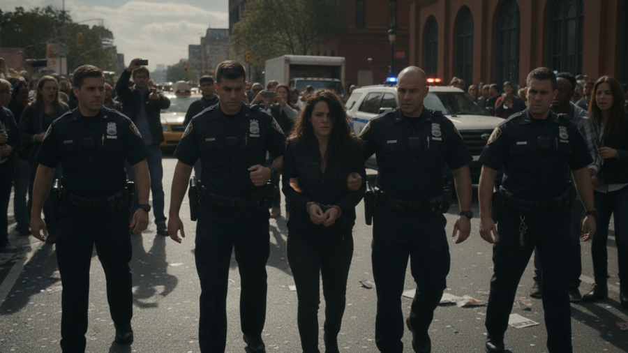 Tense urban scene of independent journalism, woman in handcuffs amid officers.