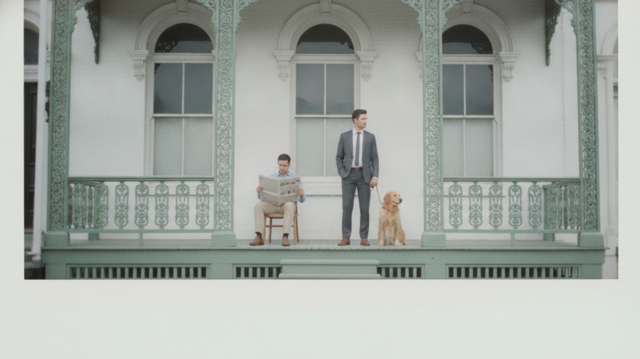 Vintage white building facade with men discussing healthy meal plans.