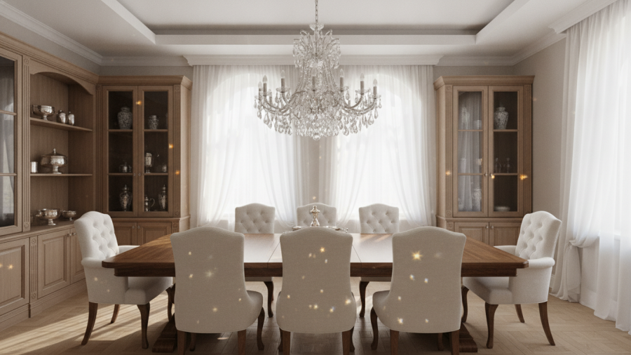 Elegant dining room with statement chandelier, showcasing local artisans' home decor trends.