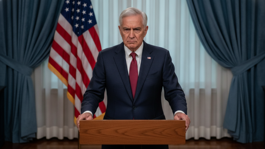 Distinguished older man in navy suit at podium for Trump announcement today, photorealistic.