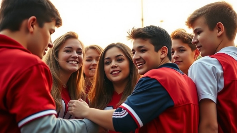 High school students in team colors unite in a heartfelt huddle, showcasing Kansas City community spirit.