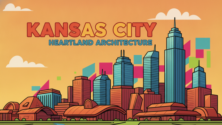 Cartoon illustration of Kansas City skyline promoting facial recognition technology for public transportation safety.
