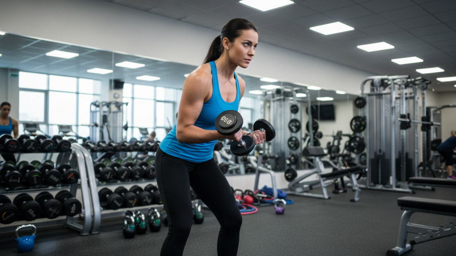 Determined female athlete lifting a dumbbell in a modern gym, fitness motivation.