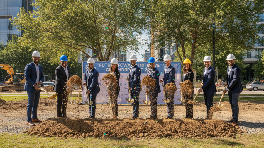 Diverse Kansas City leaders celebrate at a groundbreaking for economic development.