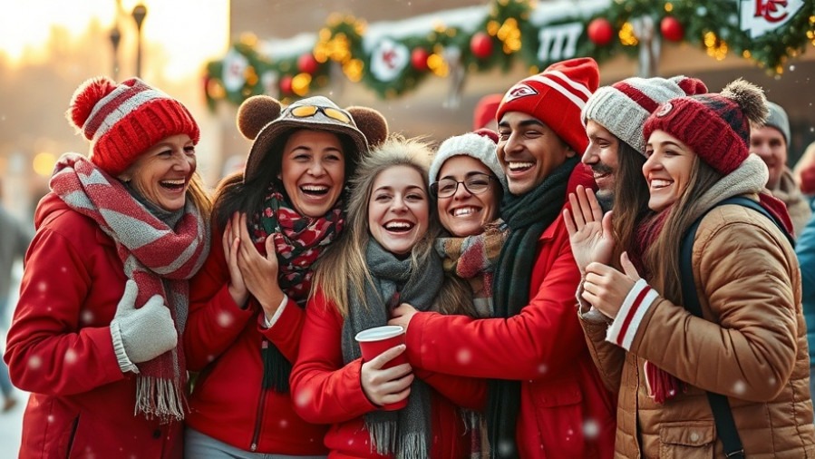 Diverse Kansas City Chiefs fans joyfully celebrate in warm winter attire, snow falling.