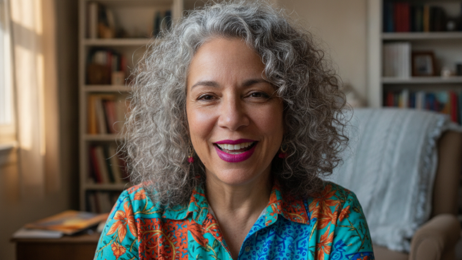 Smiling woman with gray hair in vibrant indoor setting, highlighting deepfake technology issues.