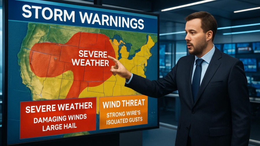 Professional weather forecaster in Kansas City outlining storm warnings in a newsroom.