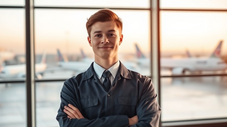 Confident airport worker embodies KC suburban life in serene terminal setting.