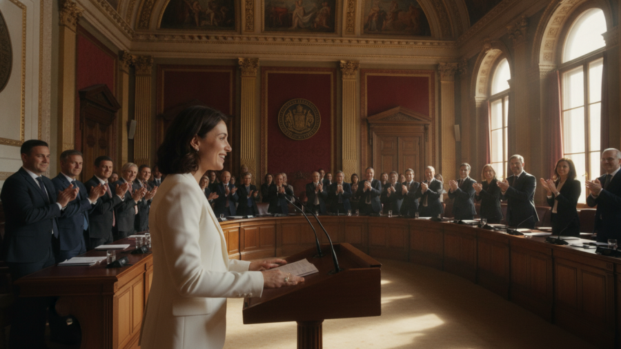 Professional woman discusses public service salaries at a council meeting, surrounded by engaged attendees.