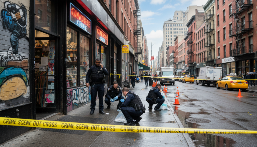 Police officers securing a crime scene near a SoHo skate shop, highlighting public safety.