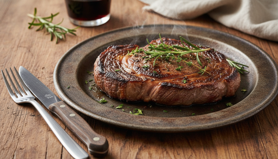 Juicy steak on a rustic plate, showcasing the best dining in Kansas City.