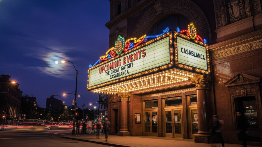 Vibrant historic theater facade showcasing Kansas City shows and local talent.