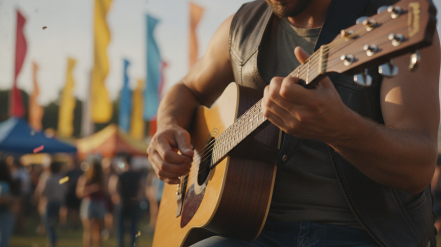 Skillful male guitarist performing at a Kansas City local festival.