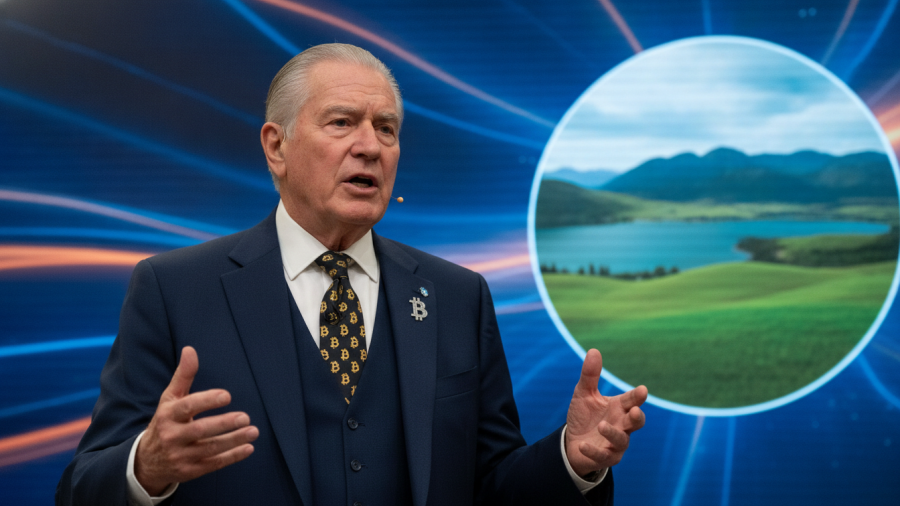 Engaged speaker in Bitcoin-themed attire and scenic hill view.