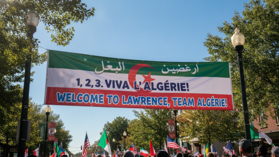 Patriotic banner welcoming Algeria team to Lawrence Kansas, showcasing cultural connections.